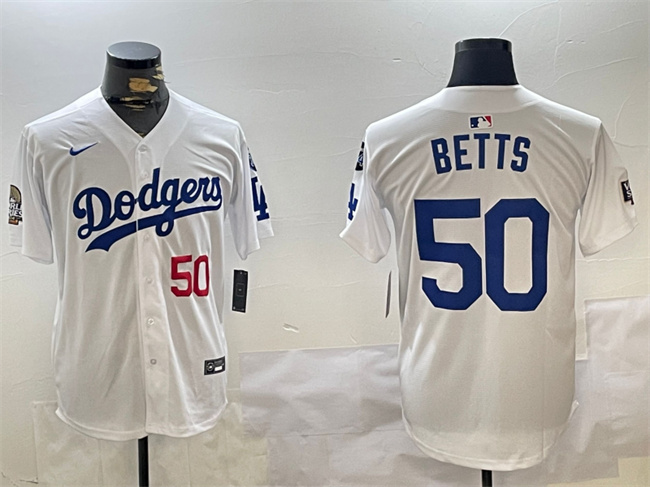 Men's Los Angeles Dodgers #50 Mookie Betts White 2024 World Series With Fernando Memorial Patch Home Limited Stitched Baseball Jersey Men's Los Angeles Dodgers #50 Mookie Betts White 2024 World Series With Fernando Memorial Patch Home Limited Stitched Baseball Jersey